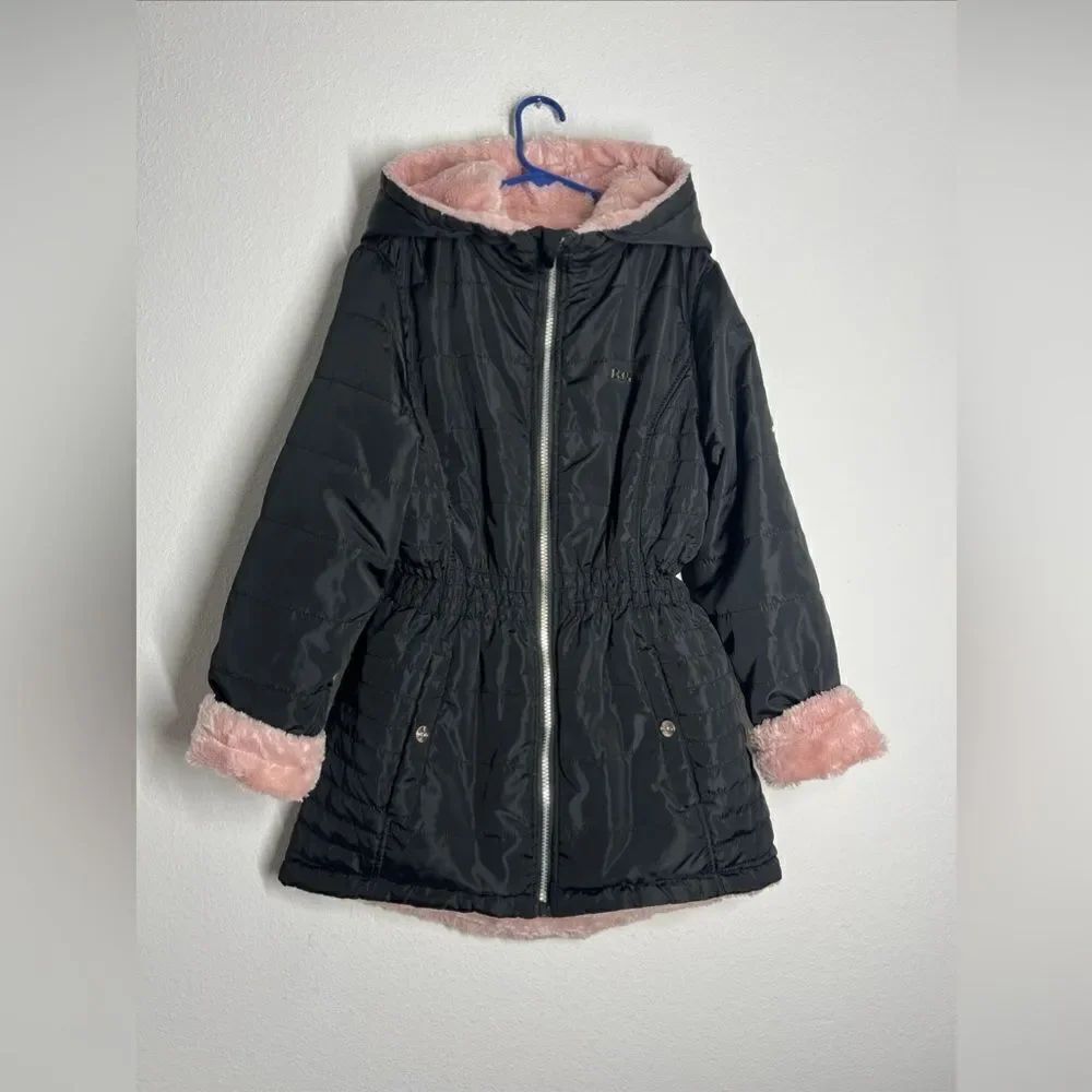 DKNY Girls Reversible Full Zip Elastic Waist Faux Fur Parka Jacket M (10-12)